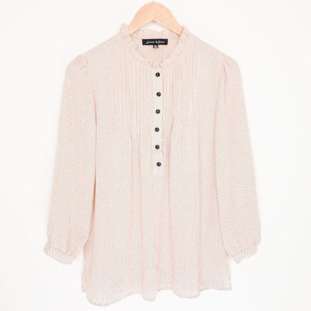 Pastel Pink Long Sleeve Dotted Ruffled Blouse